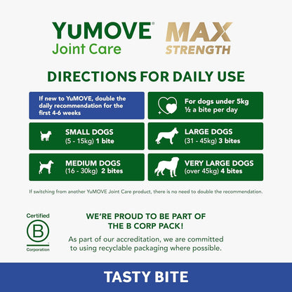 YuMOVE Max Strength Joint Supplement, Hip & Joint Aid with Glucosamine, Chondroitin, Green Lipped Mussel, Aged 8+, 60 Chews | Unflavoured