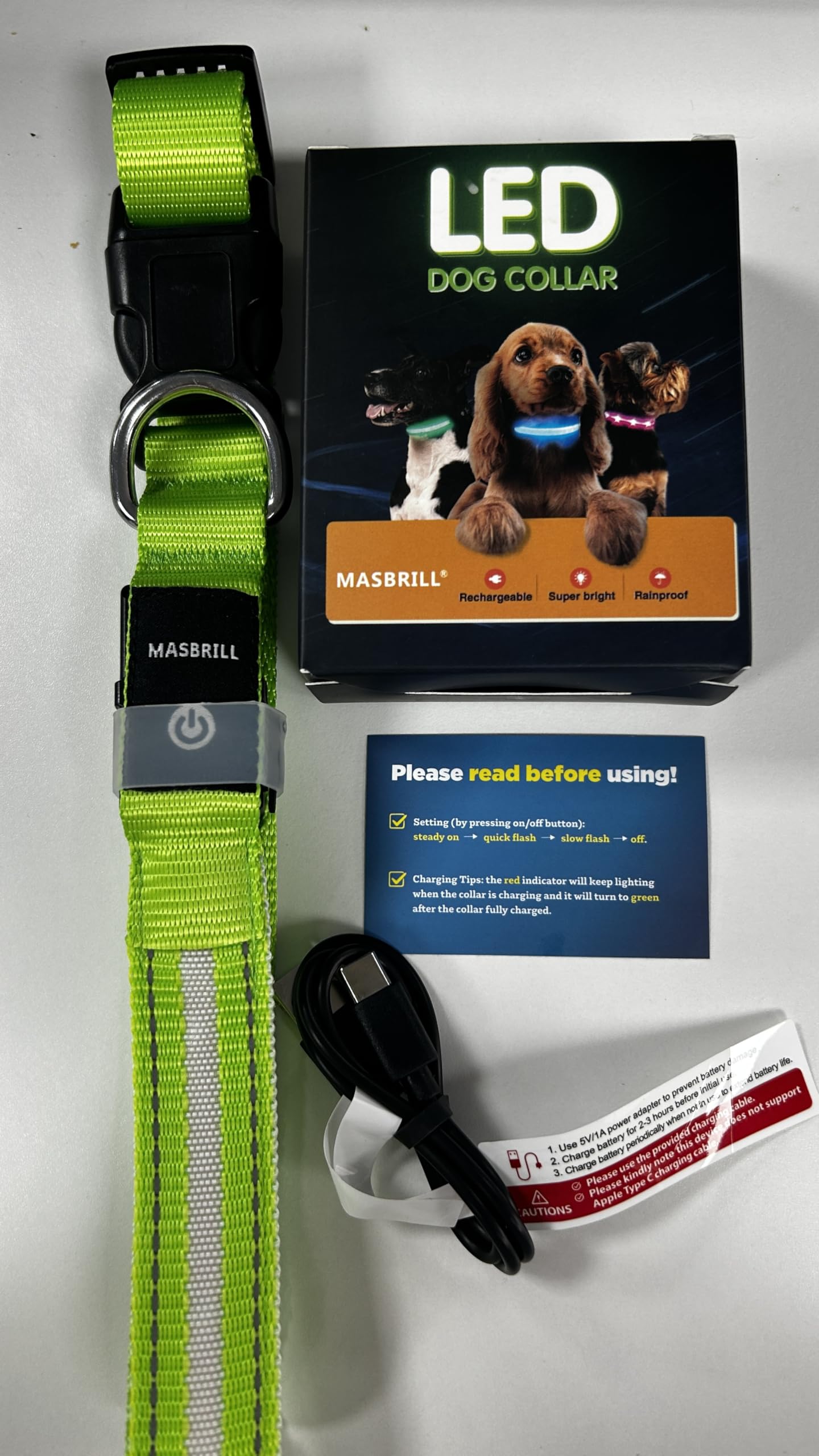 MASBRILL Luminous Dog Collar, LED Rechargeable and Waterproof Dog Collar, 3 Glowing Modes and Adjustable Size Suitable for Small Large Dogs (Blue, M)
