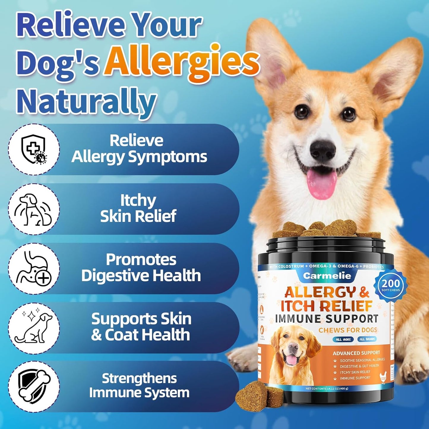 Carmelie Itchy Dog Skin Relief 200 Chews - Anti Itch Treats for Dogs - Omega 3 Probiotics for Dog - Itchy & Paw Licking Allergy Relief, Seasonal Allergies, Skin & Coat Support (Chicken)