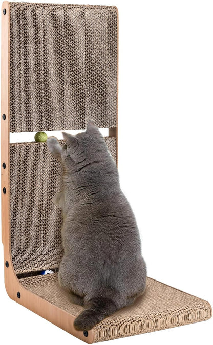 AUSCAT Cardboard Cat Scratcher, Vertical Scratching Board for Indoor Cats, 27.2 Inch/69 cm L Shaped Cat Scratchers with Two Build-In Toy Balls