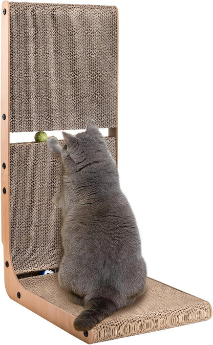 AUSCAT Cardboard Cat Scratcher, Vertical Scratching Board for Indoor Cats, 27.2 Inch/69 cm L Shaped Cat Scratchers with Two Build-In Toy Balls