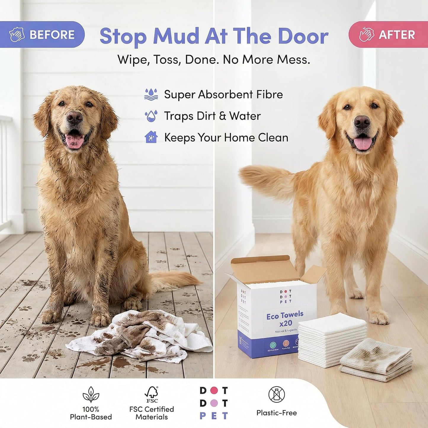Eco Dog Towels for Drying Dogs (20 Pack) - Natural Fibre, Super-Absorbent Dog Drying Towels - Plastic-Free & Skin-Kind - Dog Cleaning Wipes Ideal for Muddy Walks, Wet Dogs & Bath Time