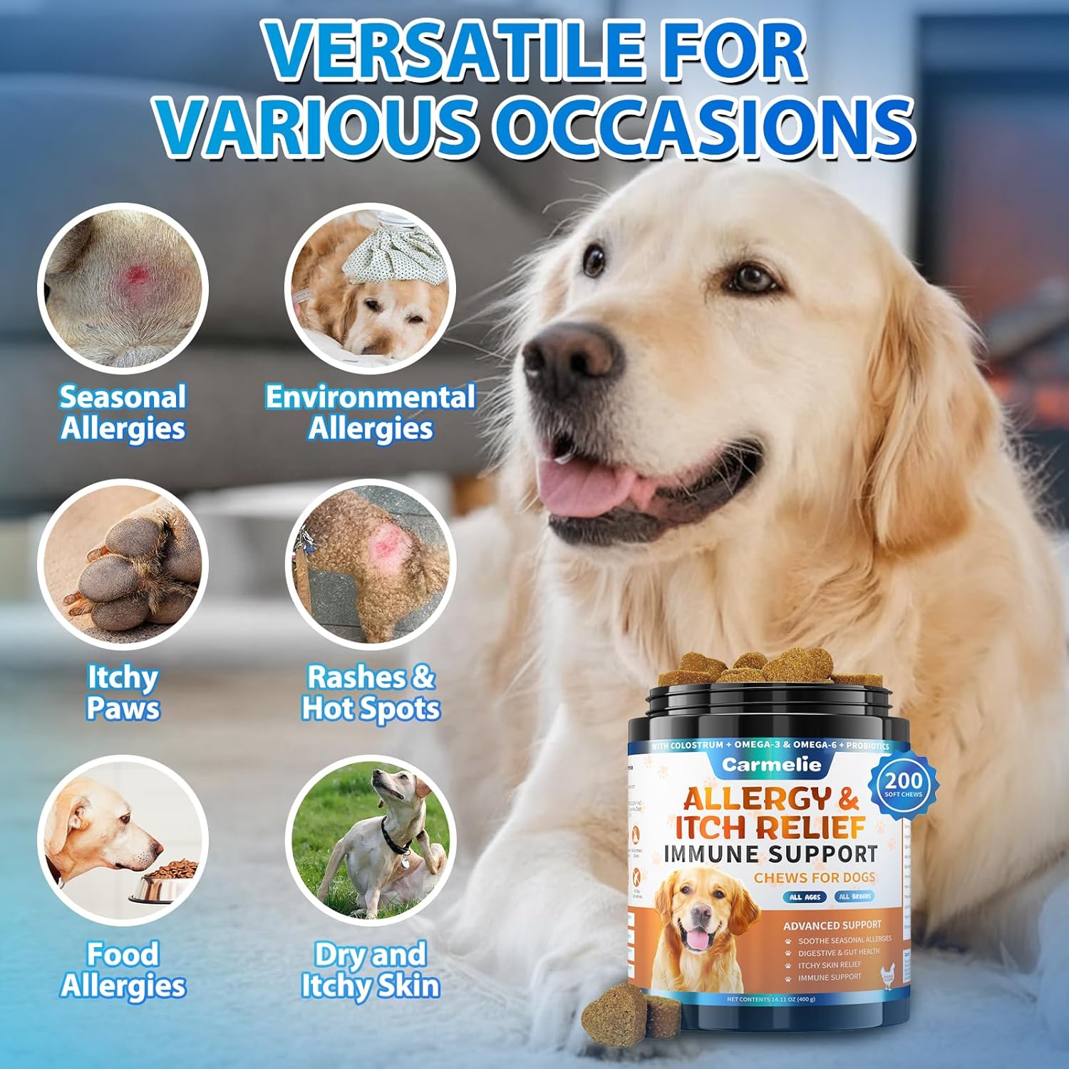 Carmelie Itchy Dog Skin Relief 200 Chews - Anti Itch Treats for Dogs - Omega 3 Probiotics for Dog - Itchy & Paw Licking Allergy Relief, Seasonal Allergies, Skin & Coat Support (Chicken)