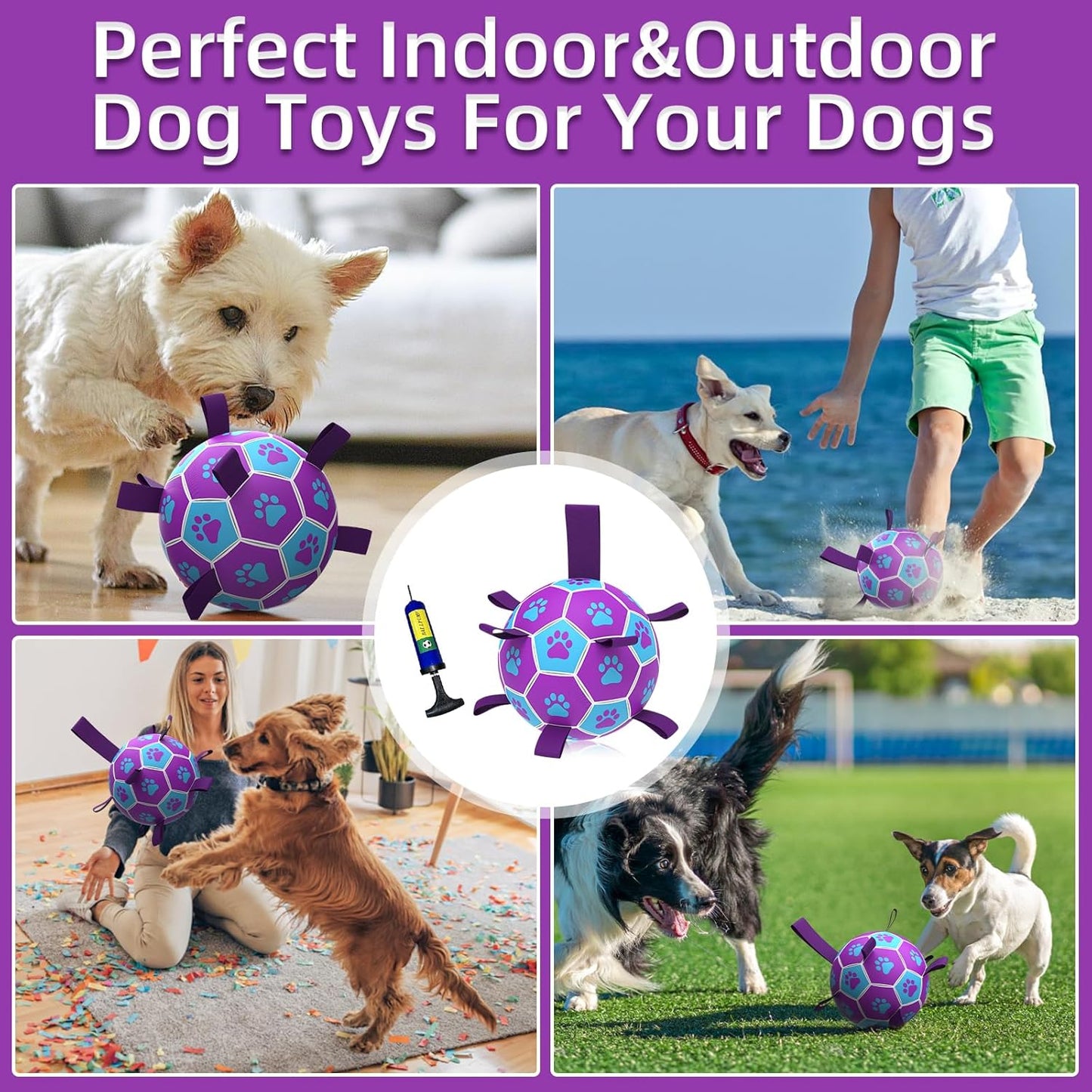 HETOO Dog Ball Toy Dog Football: Interactive Dog Balls with Webbing, Durable High Bounce Floating Dog Toys Balls for Dog Birthday Gifts Indoor & Outdoor Purple Blue Medium (6 Inch)
