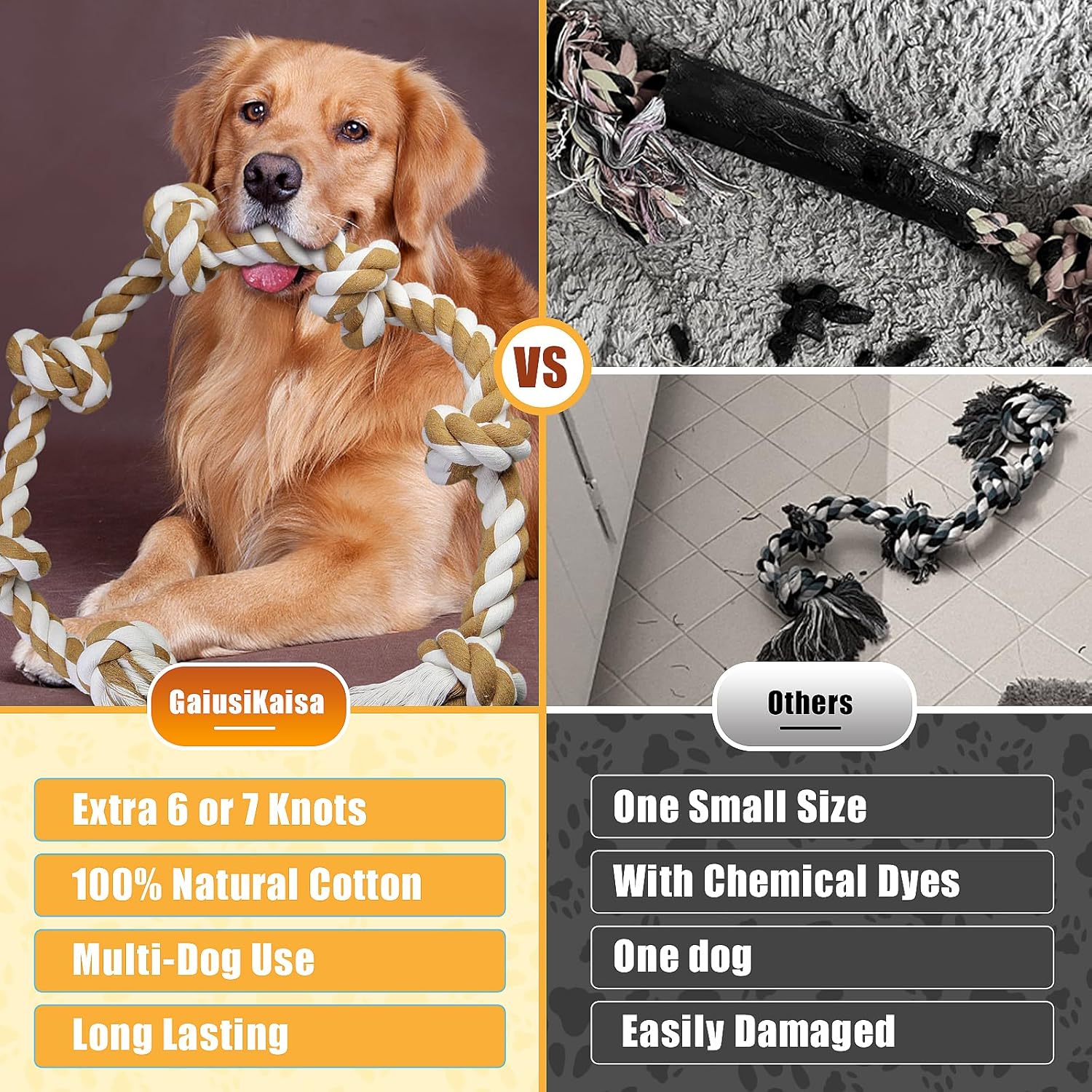Large Dog Rope Toys For Aggressive Chewers, Size 105 cm, 6 Knot Tough Rope Chew Toys For Large Dogs, Indestructible 100% Non-Dye Cotton Rope For Large Breed Dog, Dogs Teething Chew Tug Toy