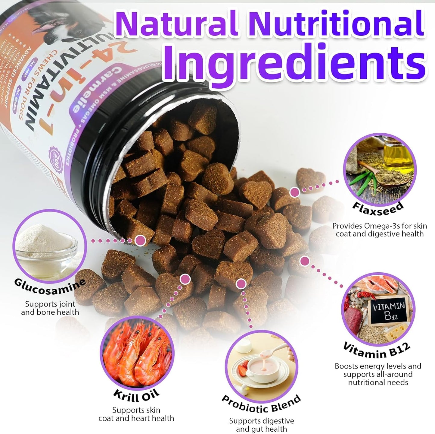 Carmelie 24 in 1 Dog Multivitamin Supplements - 200 Chewable - Senior Puppy Natural Dog Vitamins and Supplements - Hip & Joint Support, Gut & Skin Health, Immune Health, Mobility, Digestive (Chicken)