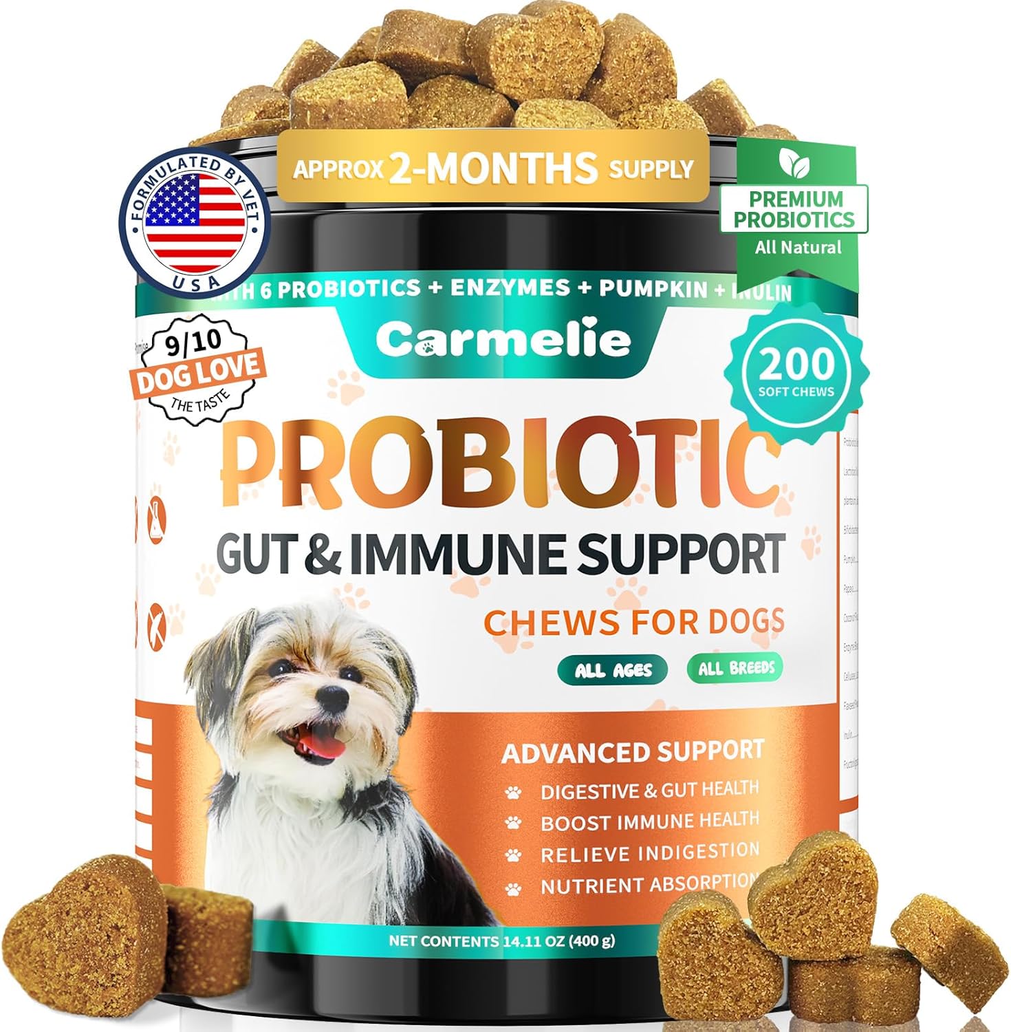 Carmelie Probiotics for Dogs, 200 Soft Chews Digestive Probiotics & Enzymes for Gut Health with Pumpkin, Fibre for Dogs Anti Diarrhea, Upset Stomach, Gas Relief, Itchy Skin & Immune Support (Chicken)
