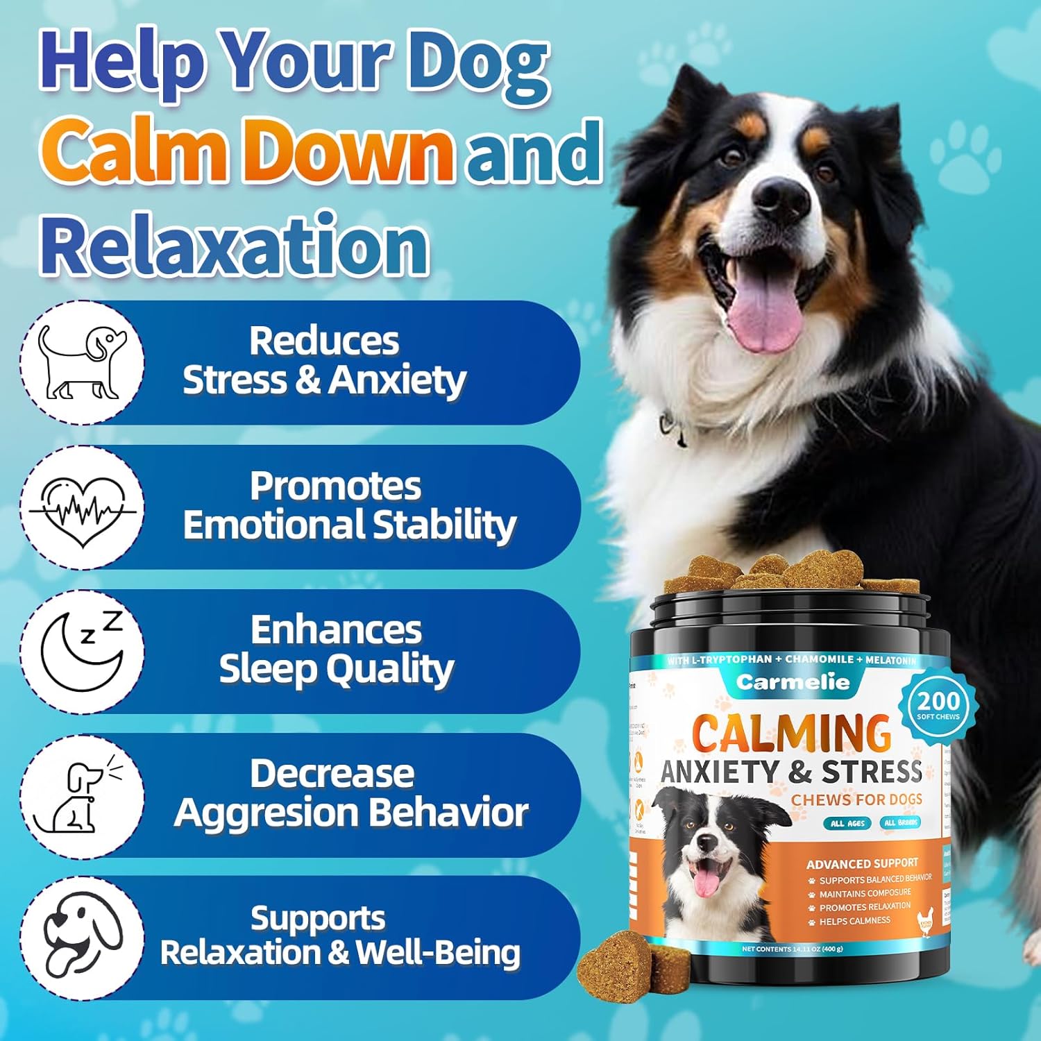 Carmelie Calming Treats for Dogs - 200 Count Calming Dog Treats -Alternative Calming Chews for Dog Reduce Stress, Fear, Separation Anxiety - Natural Valerian Root, L-Tryptophan - Chicken Flavor