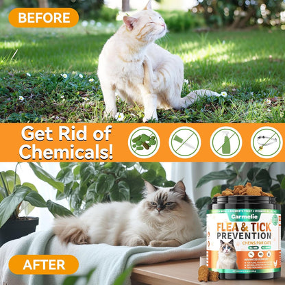 Carmelie Flea and Tick Chews for Cats - 200 Chewables Natural Cats Fleas and Ticks Prevention – Cat Flea Tick Support, Cat Flea Soft Treats for All Breeds & Ages-Chicken Flavor