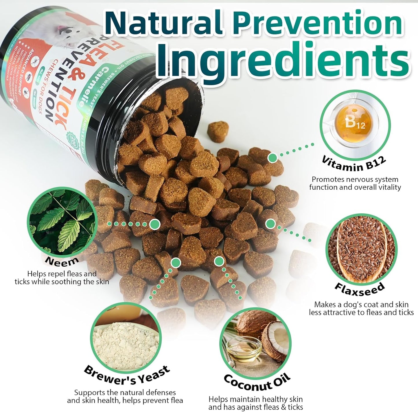 Carmelie Flea and Tick Chewables for Dogs - 200 Soft Chews Natural Dog Flea and Tick Prevention Chews - Oral Flea Supplement for Dogs, Puppy Flea Prevention - Chicken Flavor