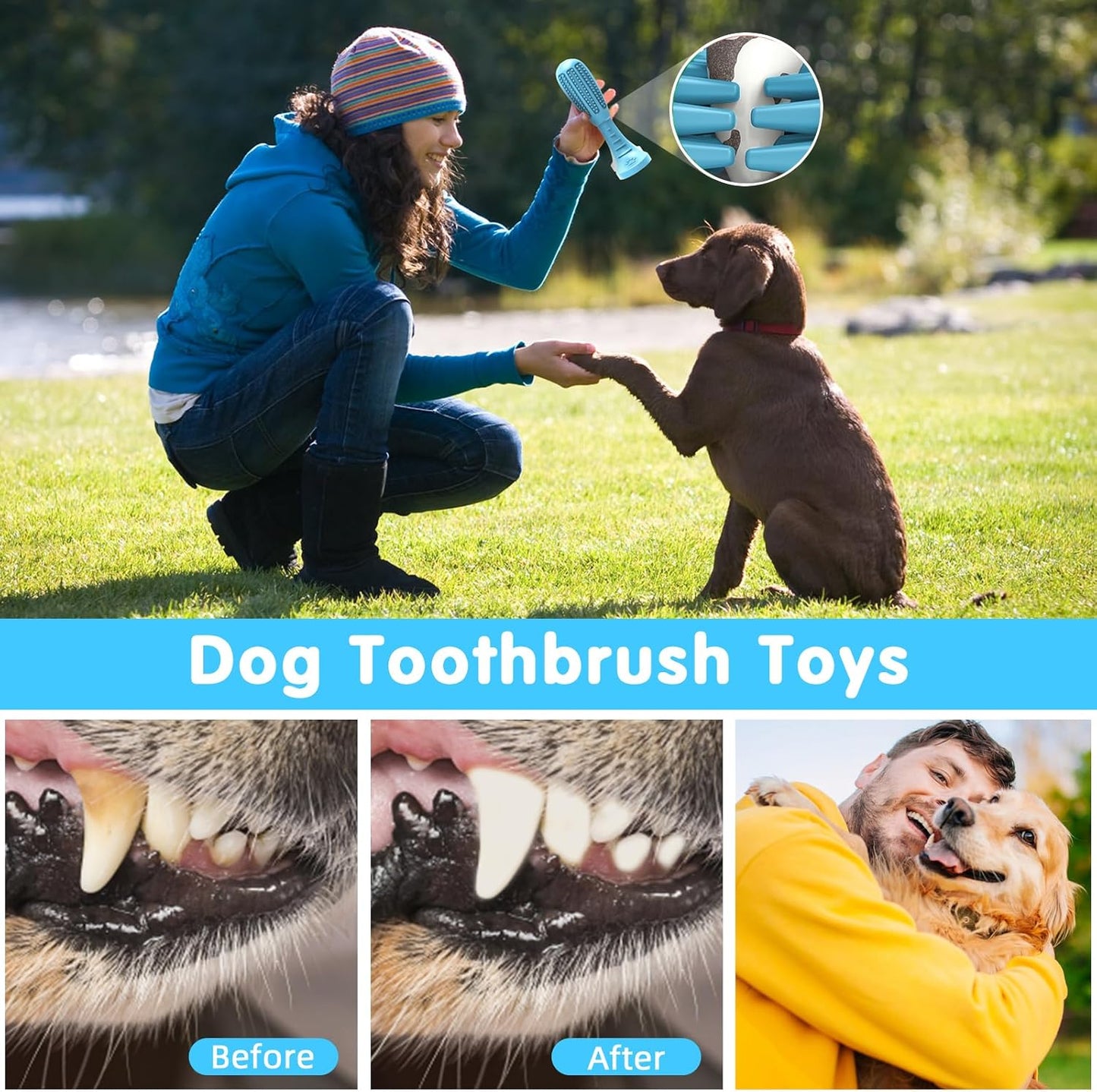 HETOO Dog Chew Toys, Dog Toothbrush Toys for Puppy Dental Care Teeth Cleaning, Natural Rubber Teeth Grinding Rod Gifts for Dogs (Blue)