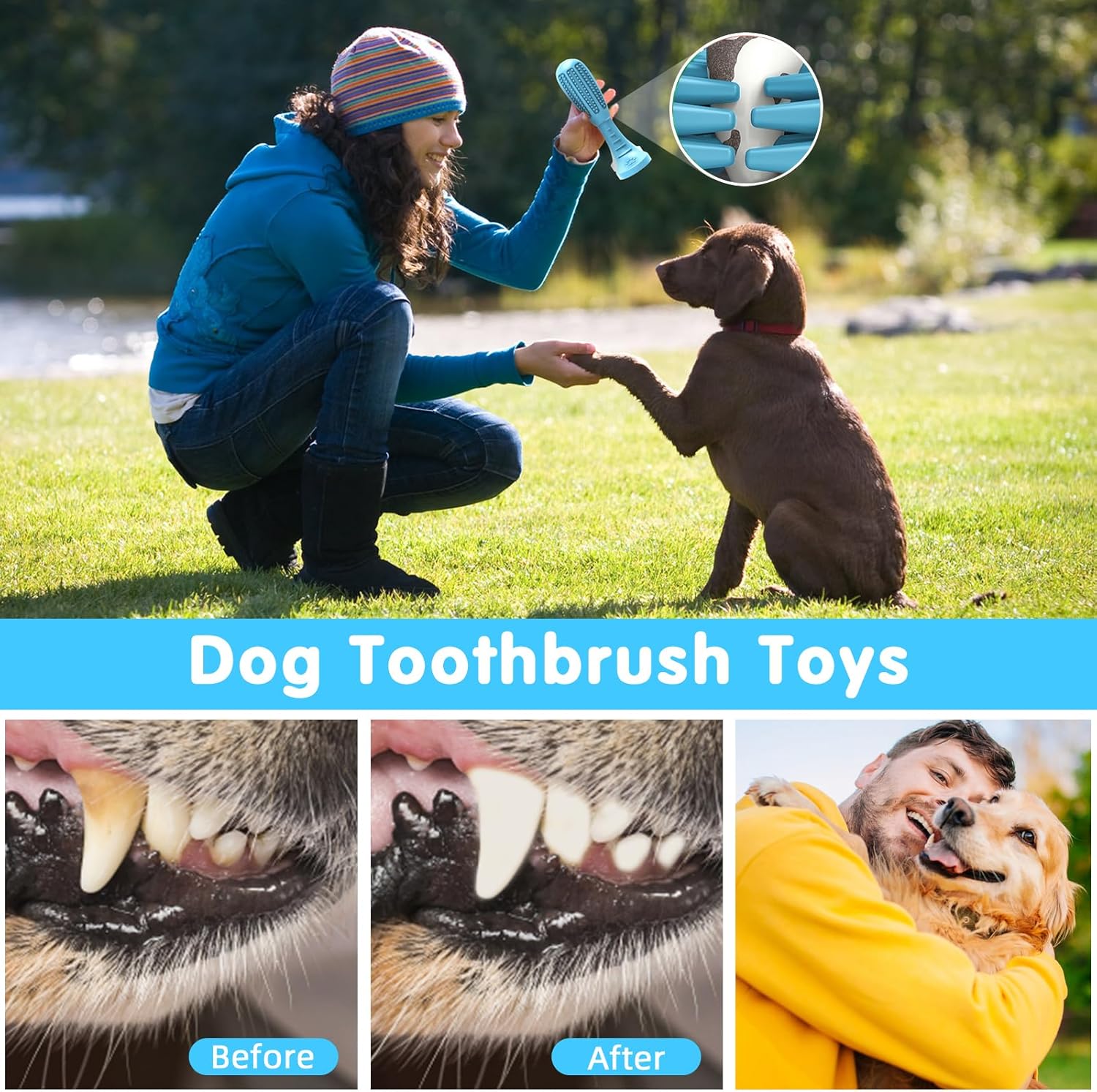 HETOO Dog Chew Toys, Dog Toothbrush Toys for Puppy Dental Care Teeth Cleaning, Natural Rubber Teeth Grinding Rod Gifts for Dogs (Blue)