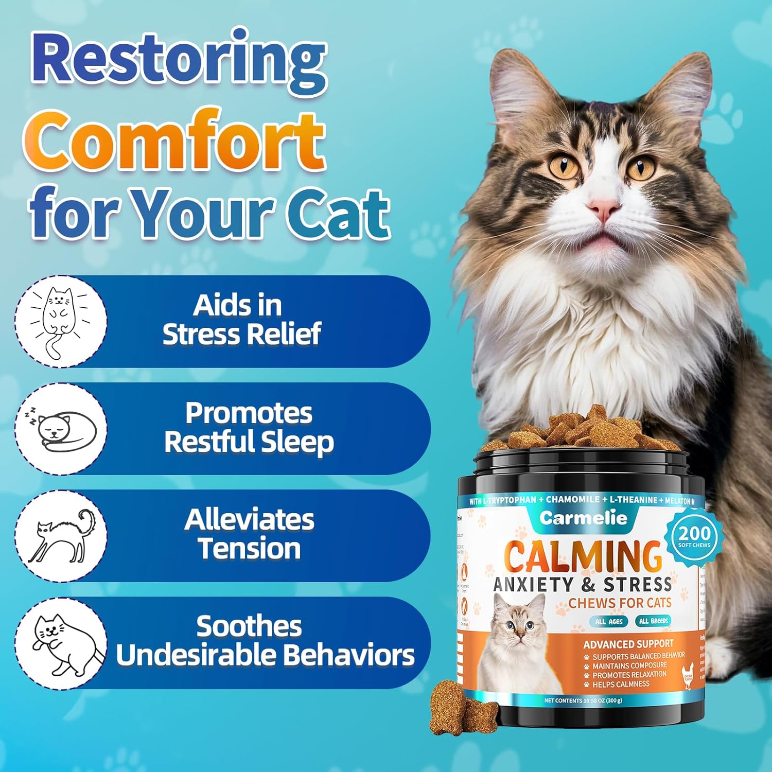 Carmelie Calming Treats for Cat- 200 Count Calming Cat Treats - Natural Cat Calming Support for Anxiety, Stress Relief - Chamomile, Valerian Root, L-Tryptophan - Chicken Flavor