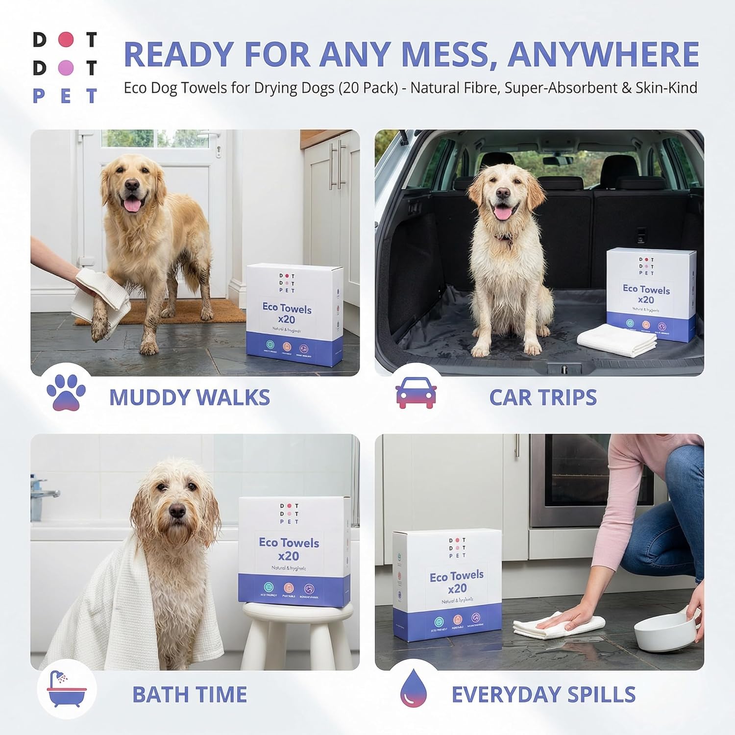 Eco Dog Towels for Drying Dogs (20 Pack) - Natural Fibre, Super-Absorbent Dog Drying Towels - Plastic-Free & Skin-Kind - Dog Cleaning Wipes Ideal for Muddy Walks, Wet Dogs & Bath Time