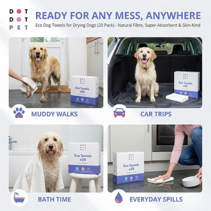 Eco Dog Towels for Drying Dogs (20 Pack) - Natural Fibre, Super-Absorbent Dog Drying Towels - Plastic-Free & Skin-Kind - Dog Cleaning Wipes Ideal for Muddy Walks, Wet Dogs & Bath Time