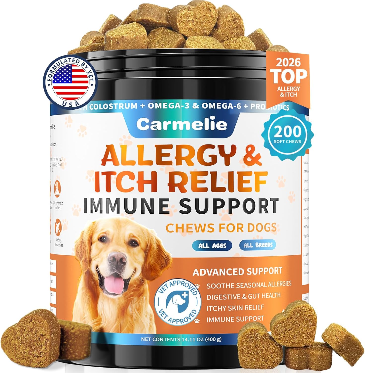 Carmelie Itchy Dog Skin Relief 200 Chews - Anti Itch Treats for Dogs - Omega 3 Probiotics for Dog - Itchy & Paw Licking Allergy Relief, Seasonal Allergies, Skin & Coat Support (Chicken)