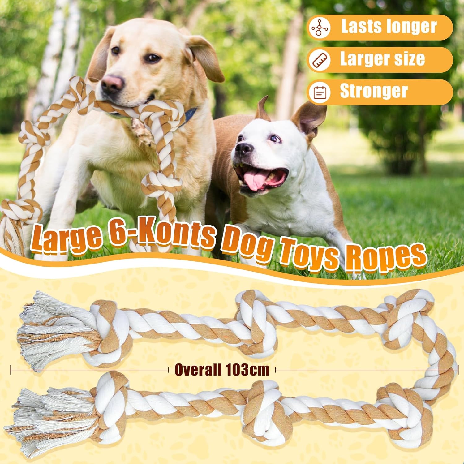 Large Dog Rope Toys For Aggressive Chewers, Size 105 cm, 6 Knot Tough Rope Chew Toys For Large Dogs, Indestructible 100% Non-Dye Cotton Rope For Large Breed Dog, Dogs Teething Chew Tug Toy