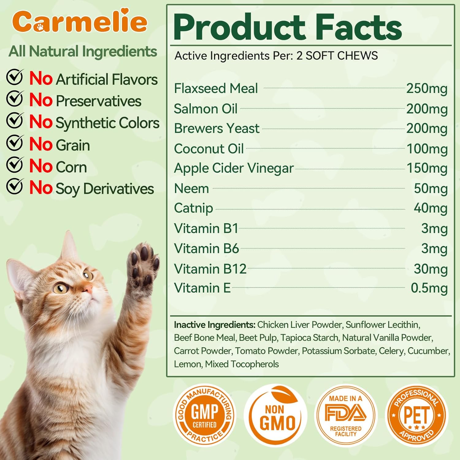 Carmelie Flea and Tick Chews for Cats - 200 Chewables Natural Cats Fleas and Ticks Prevention – Cat Flea Tick Support, Cat Flea Soft Treats for All Breeds & Ages-Chicken Flavor