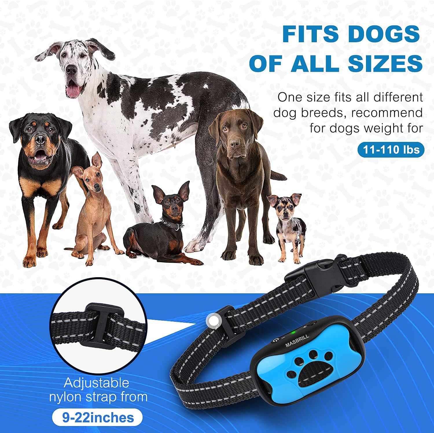 MASBRILL Anti Bark Collars for Dogs, Rechargeable Bark Collar for Small Medium Large Dogs, Dog Barking Collar with Vibrating Beep Training, Stop Dog Barking Deterrent Device 7 Sensitivity Levels(Blue)