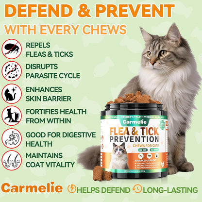 Carmelie Flea and Tick Chews for Cats - 200 Chewables Natural Cats Fleas and Ticks Prevention – Cat Flea Tick Support, Cat Flea Soft Treats for All Breeds & Ages-Chicken Flavor