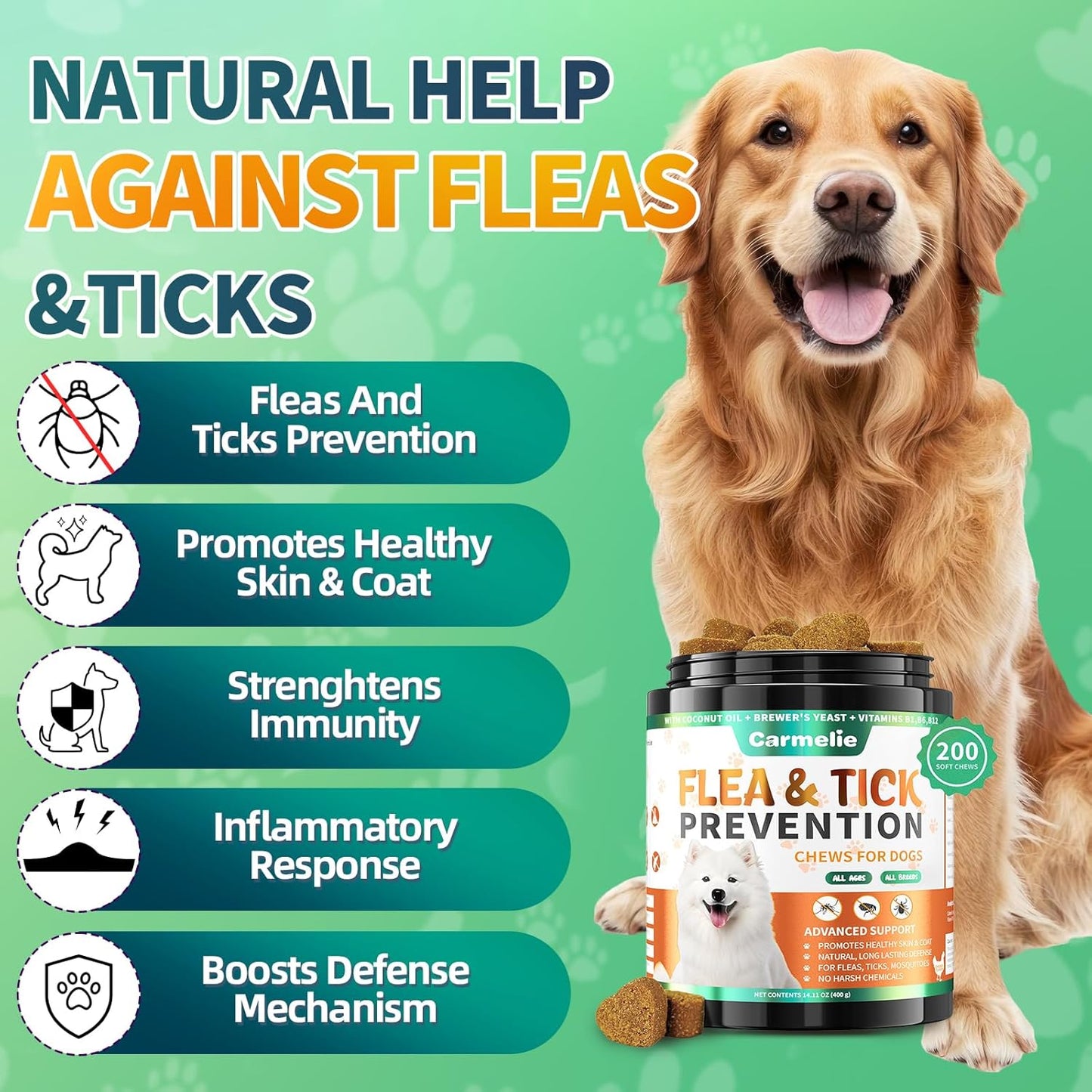 Carmelie Flea and Tick Chewables for Dogs - 200 Soft Chews Natural Dog Flea and Tick Prevention Chews - Oral Flea Supplement for Dogs, Puppy Flea Prevention - Chicken Flavor