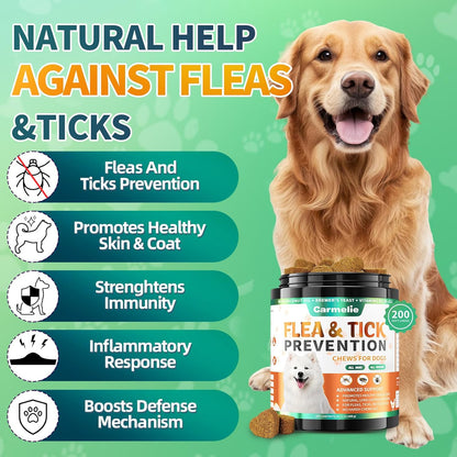 Carmelie Flea and Tick Chewables for Dogs - 200 Soft Chews Natural Dog Flea and Tick Prevention Chews - Oral Flea Supplement for Dogs, Puppy Flea Prevention - Chicken Flavor