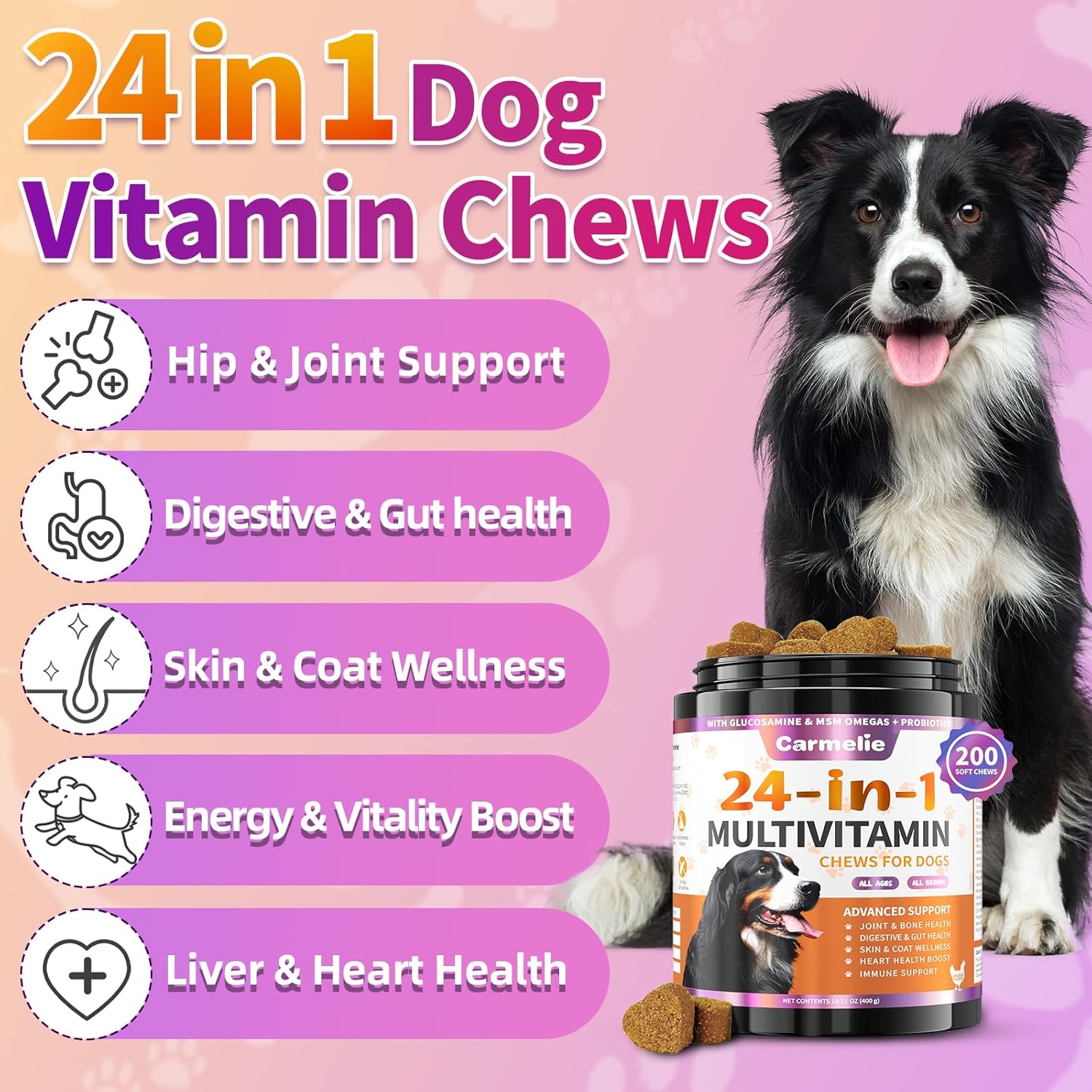 Carmelie 24 in 1 Dog Multivitamin Supplements - 200 Chewable - Senior Puppy Natural Dog Vitamins and Supplements - Hip & Joint Support, Gut & Skin Health, Immune Health, Mobility, Digestive (Chicken)
