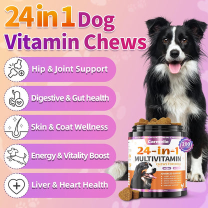 Carmelie 24 in 1 Dog Multivitamin Supplements - 200 Chewable - Senior Puppy Natural Dog Vitamins and Supplements - Hip & Joint Support, Gut & Skin Health, Immune Health, Mobility, Digestive (Chicken)