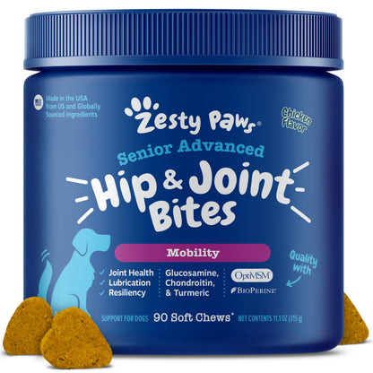Zesty Paws Hip & Joint Chews for Dogs | Supports Joint Flexibility, Mobility, Healthy Cartilage & Helps Soothe Stiff Joints | With Glucosamine, Chondroitin, Green-Lipped Mussel | Daily Use | 90 Chews