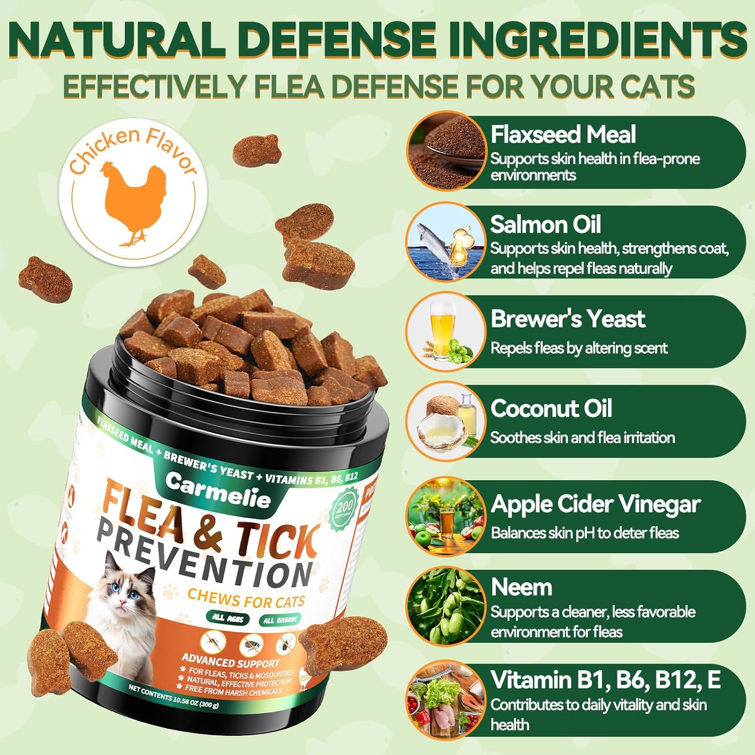 Carmelie Flea and Tick Chews for Cats - 200 Chewables Natural Cats Fleas and Ticks Prevention – Cat Flea Tick Support, Cat Flea Soft Treats for All Breeds & Ages-Chicken Flavor