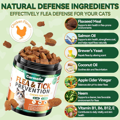 Carmelie Flea and Tick Chews for Cats - 200 Chewables Natural Cats Fleas and Ticks Prevention – Cat Flea Tick Support, Cat Flea Soft Treats for All Breeds & Ages-Chicken Flavor
