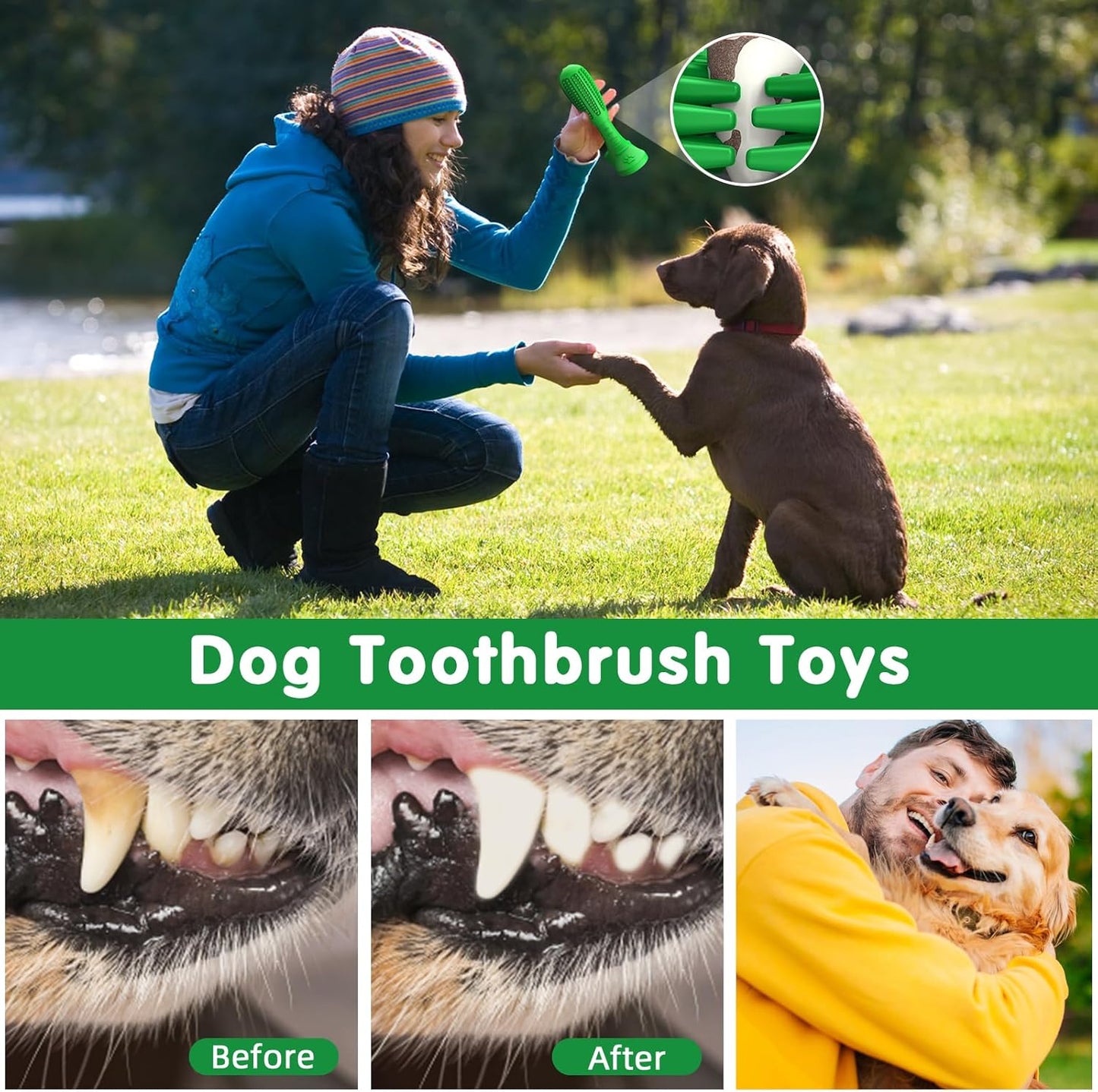 HETOO Dog Chew Toys, Dog Toothbrush Toys for Puppy Dental Care Teeth Cleaning, Natural Rubber Teeth Grinding Rod Gifts for Dogs (Pack of 2)