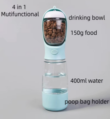 4 in 1 Pet Outdoor Travel Walking 400ml Pet Dog Water Food Plastic Portable Drinking Feeder Cup Bottle with Poop Bag Holder