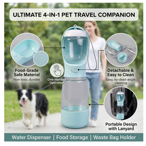 4 in 1 Pet Outdoor Travel Walking 400ml Pet Dog Water Food Plastic Portable Drinking Feeder Cup Bottle with Poop Bag Holder