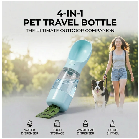 4 in 1 Pet Outdoor Travel Walking 400ml Pet Dog Water Food Plastic Portable Drinking Feeder Cup Bottle with Poop Bag Holder