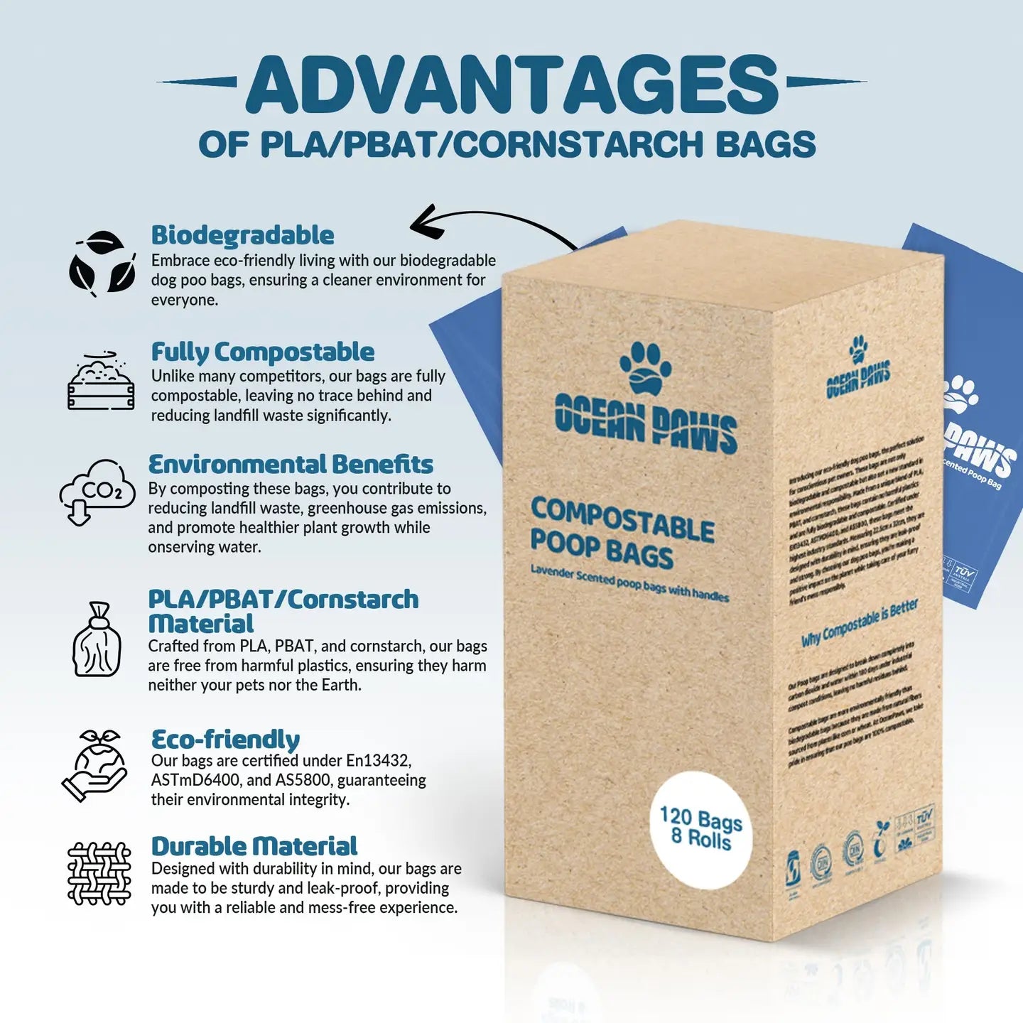 Compostable Dog Poo Bags 8 Rolls (120 Bags)